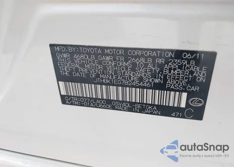 2011 Lexus Es 350 from USA, damaged, VIN JTHBK1EG7B2454461